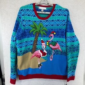 Jolly Sweaters Mens XXL Blue Tropical Flamingo Light up Ugly Christmas Sweater